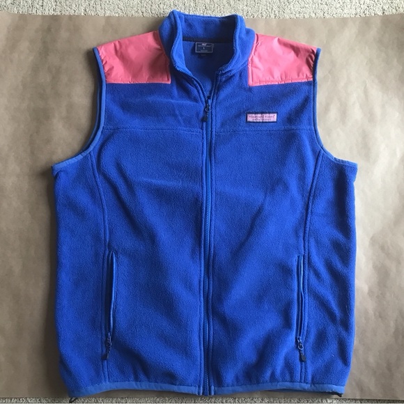 Vineyard Vines Royal Blue Salmon Pink Fleece Full Zip Vest L $118 Preppy - Picture 1 of 3